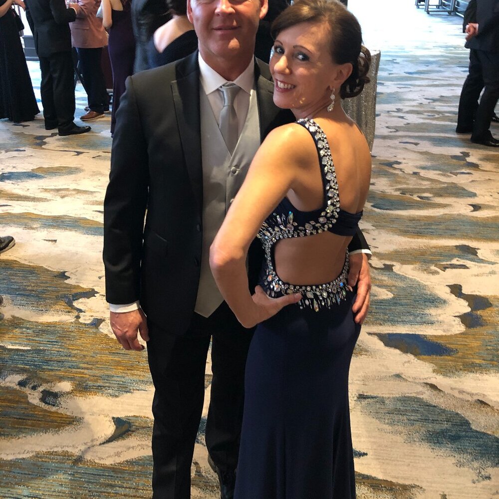 Navy gown for prom/gala with gemstone trim and cutout waist | size S